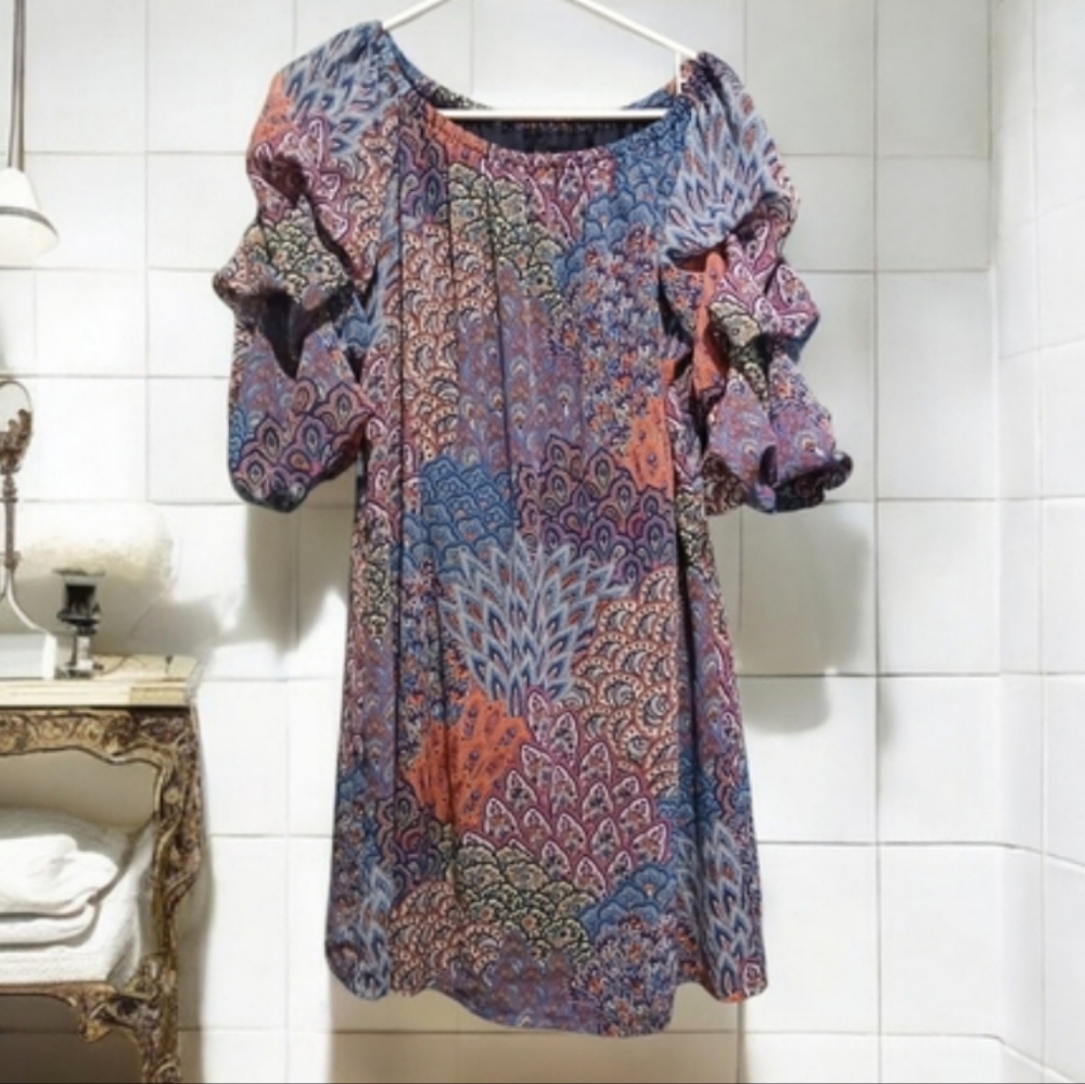 MSK Mini Dress Tunic Shirt Blue Patchwork size Womans Large Abstract Art Ruched